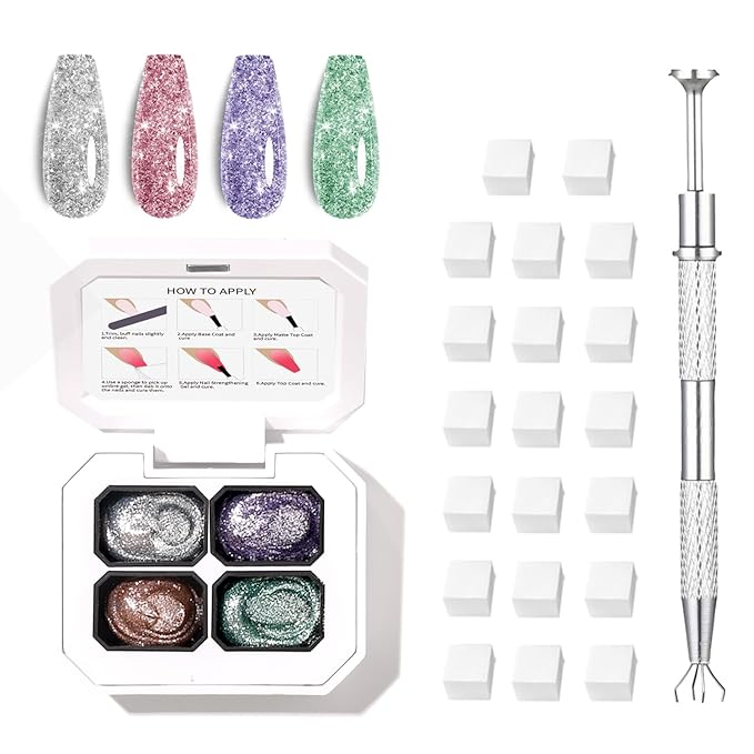 4 Colors Set Ombre Pat Gel Glitter Nail Polish Shine,Patting Painting Gradient Blooming Ombre Pigment Palette for Nail with 20Pcs Nail Sponges for Nail Art Ombre Pat Gel Nail Polish