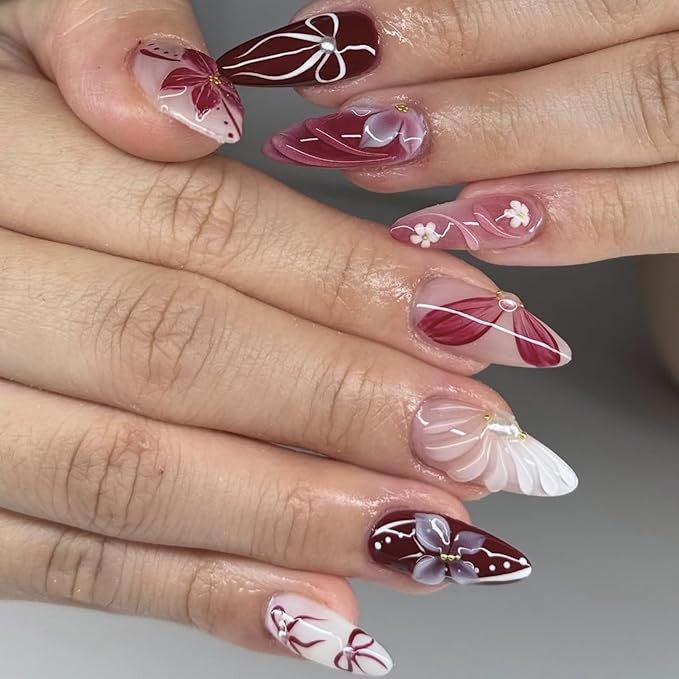 Almond Press On Nails Medium Flower Fake Nails, Bow Nails Press Ons With Pearls Designs,Reusable Full Cover French Acrylic Nail, Glossy Glue On Nails For Women Nail Accessories