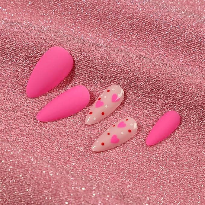 Press on Nails Almond - Medium Fake Nails with Heart Design - Pink, Matte Full Cove Stick on False Nails for Women 24 Pcs