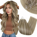 RUNATURE Micro Link Hair Extensions Human Hair Brown Highlight Blonde Micro Bead Hair Extensions Real Human Hair Blonde Microlink Hair Extension Remy Natural Hair Can be Styled 16 Inch 50g 50s
