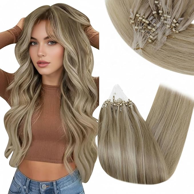 RUNATURE Micro Ring Hair Extensions Blonde Highlight Ash Brown Micro Link Extensions Real Human Hair Blonde Micro Loop Hair Extensions Human Hair 18 Inch 50 Gram