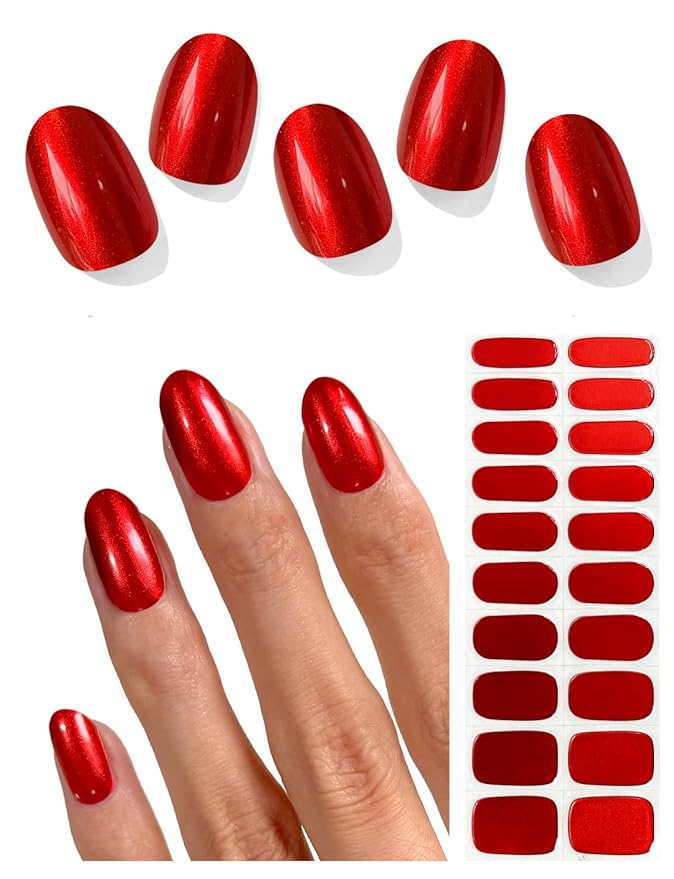 Semi Cured Gel Nail Strips (B-Red Mirror), Chrome, 20 Pcs Gel Nail Wraps, Stickers, Salon Quality, Long Lasting, Works with Any UV Lamps