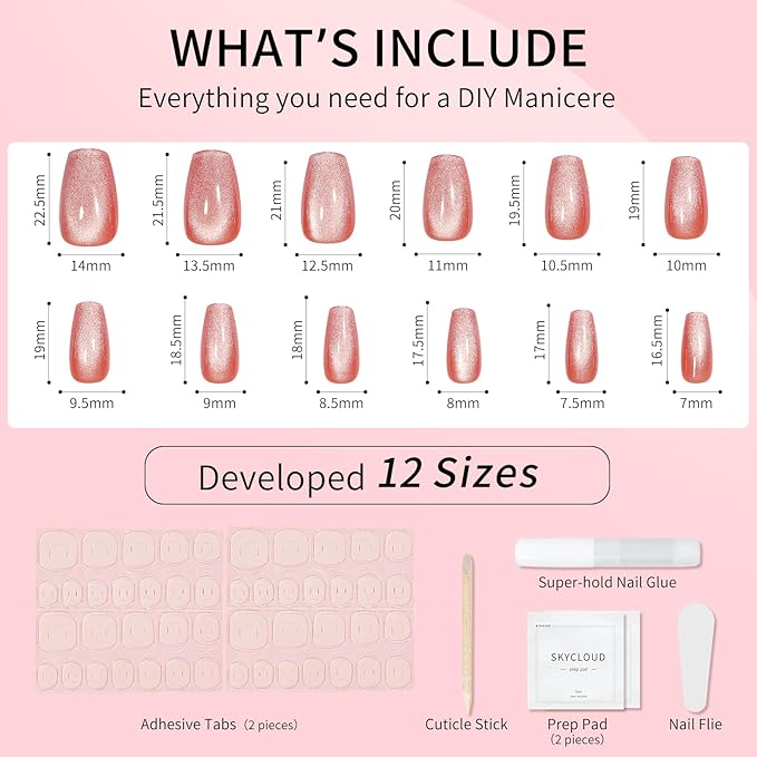 Skycloud Orange Cat Eyes Press On Nails - 24 Pcs Soft Gel Medium Coffin False Nails Kit with Nail Glue, Reusable Stick On Nails for Women and Girls (SK0859)