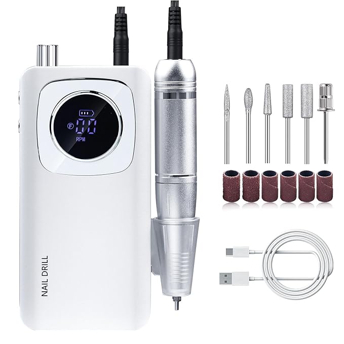 45000RPM Electric Machine Set With LCD Screen File Machine For Acrylic Gels Nails Manicures (White)
