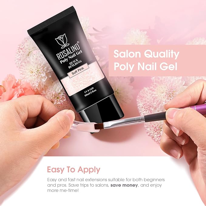 ROSALIND Soft Pink Poly Nail Gel, 2 oz Poly Extension Gel for Nail Art, Nail Thickening Extension Easy to DIY, Pink Nails Enhancement Need UV Lamp(Update Version