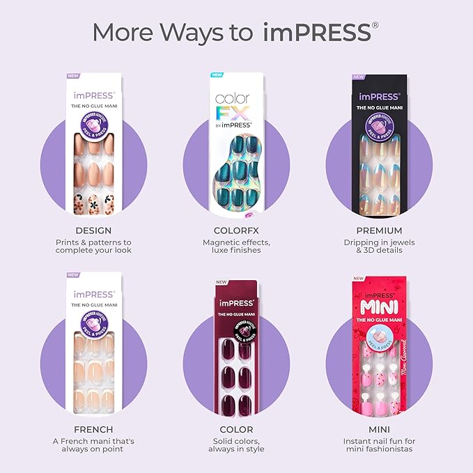 KISS imPRESS No Glue Mani Press On Nails, ColorFX, 'Hidden Gem', Red, Short Size, Oval Shape, Includes 30 Nails, Prep Pad, Instructions Sheet, 1 Manicure Stick, 1 Mini File