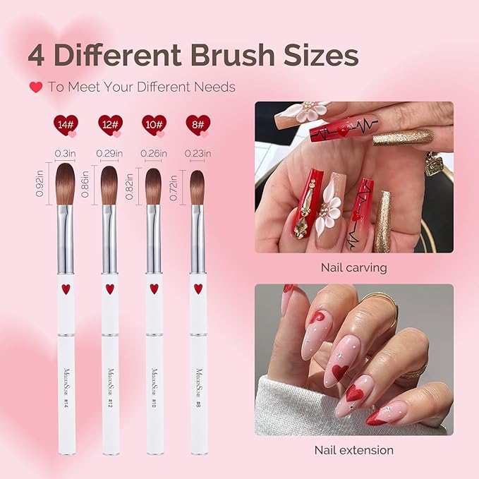 MelodySusie 4Pcs Acrylic Nail Brush Set, Size 8/12/14/16 for Acrylic Powder Nail Extension and 3D Nail Carving for DIY Home Salon