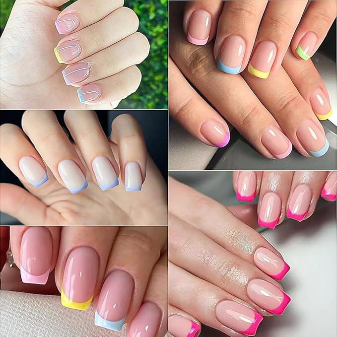 10 Packs 240Pcs French Tip Press on Nails Short Square Fake Nails Colorful Nail Tips Acrylic Nails Glossy Cute Artificial False Nails Chrome Glue on Nails for Women Girls Manicure Nails Decoration