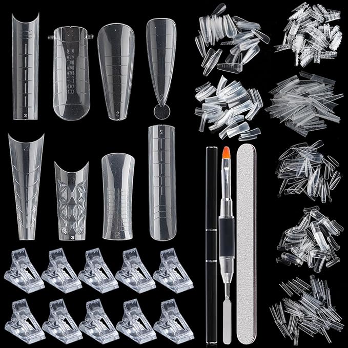 Dual Nail Form Kit, 480pcs Dual Forms for Polygel Stiletto Coffin Ballerina Extension Forms 10pcs Clear Clips With Gel Brush Pen Nails Files Buffer Nail Extension Kit for Beginner
