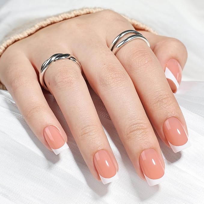 French Tip Press On Nails - Short Square Peach-toned Nude Press on Nails Glossy Nails Press Ons for Women DIY Fake Nails Kit with Glue, Reusable Glue on Nails in 16 Sizes - 32pcs, Peach Tip