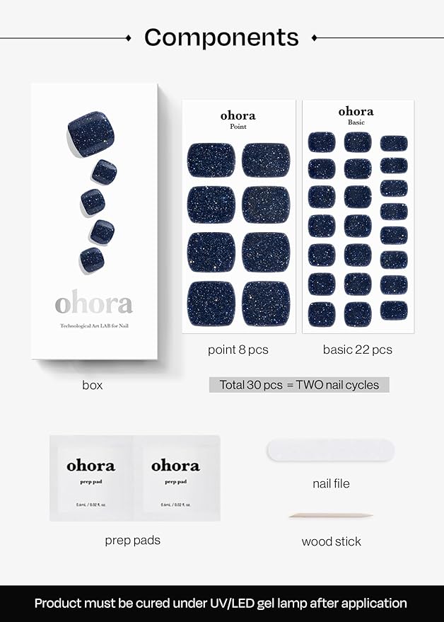 ohora Semi Cured Gel Pedi Strips (P Starry Night) - Red, Solid, Works with Any UV/LED Nail Lamps, Salon-Quality, Long Lasting, Easy to Apply & Remove - Includes 2 Prep Pads, Nail File & Wooden Stick