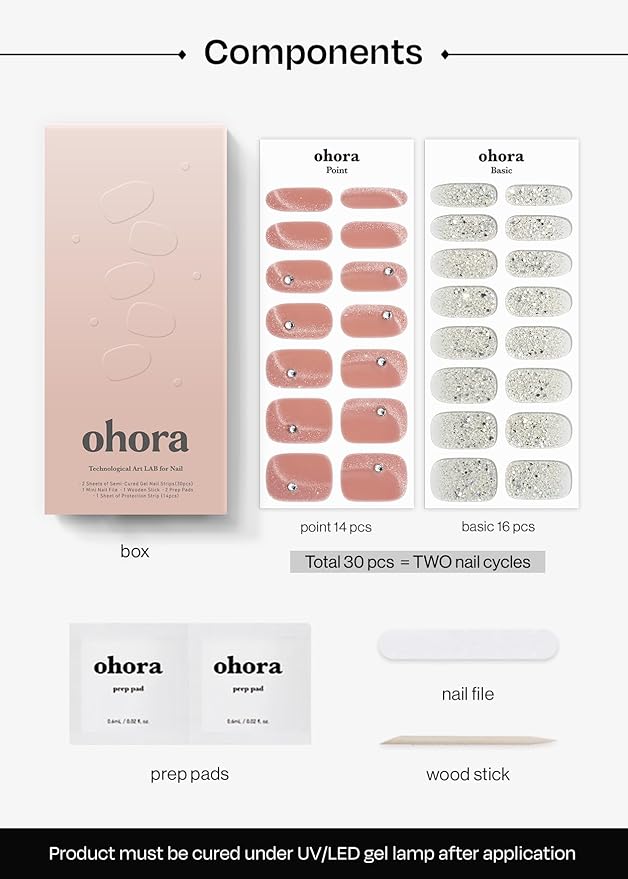 ohora Semi Cured Nail Strips (N Rose Mirage) - Works with Any UV/LED Lamps, Salon-Quality, Long Lasting, Easy to Apply & Remove - Includes 2 Prep Pads, Nail File & Wooden Stick