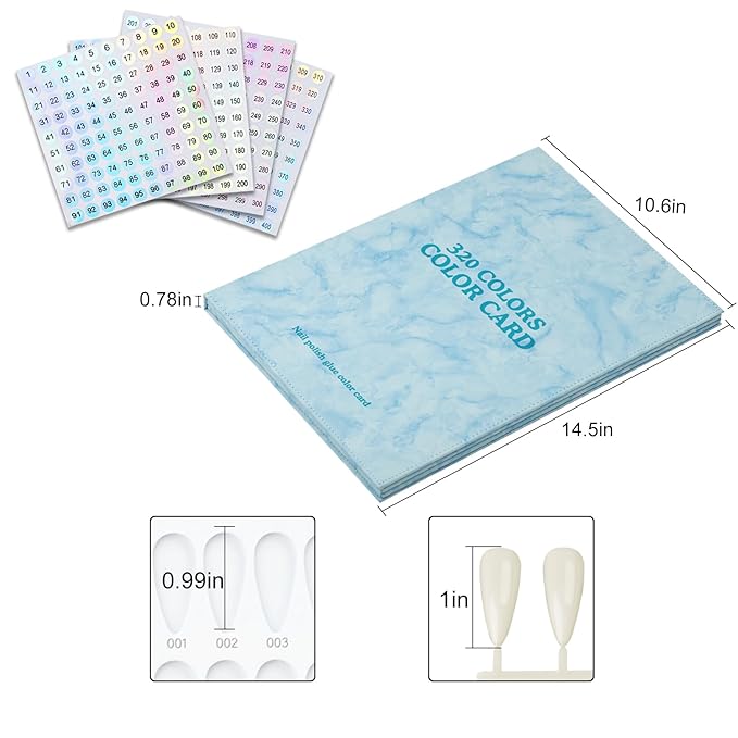 320 Nail Color Book,with 480 Flase Tips & 1-400 Number Sticker Labels,Leather Professional Nail Color Swatches Book for Polish UV Gel(Blue)