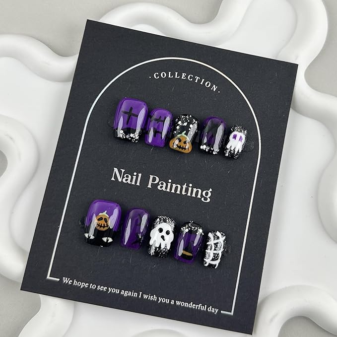 100% Handmade Press on Nails Halloween Short Square Fake Nails with Design Ghost Pumpkin Bat Glue on Nails Black Purple French tip False Nails Reusable Handmade Halloween Nails Size M