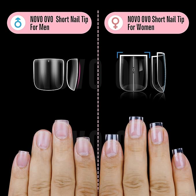 NOVO OVO Extra Short Nail Tips for Men and Women with Wide and Short Nail Beds, Thick Square Round Full Cover False Nails Press on, Soft Gel for Acrylic Fake Nails Extension kit 16 Sizes x 640pcs