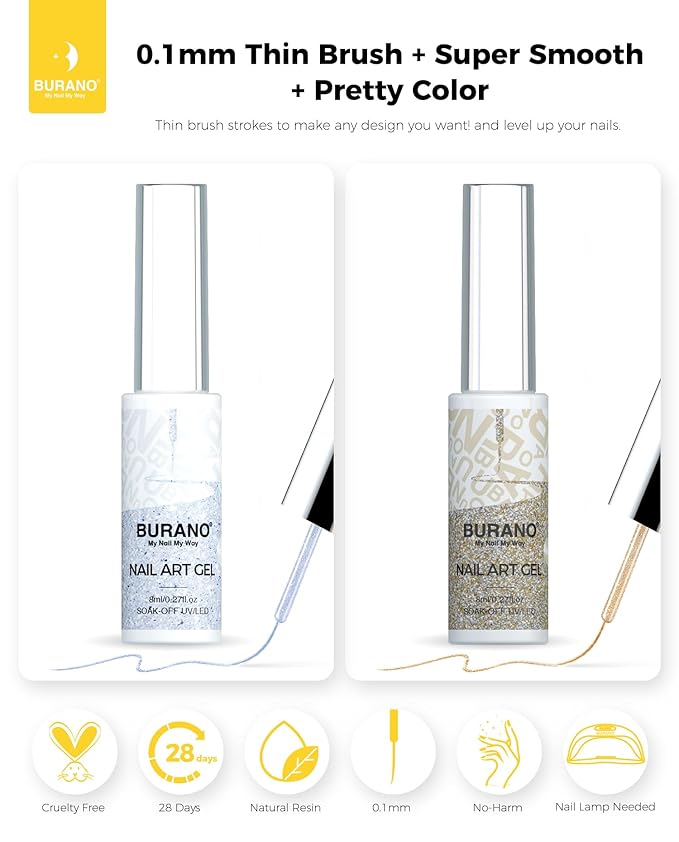 BURANO Holographic Gel Nail Polish Liner Nail Art Polish, Silver Gold Reflective Glitter Painted Gel Nail Design Polish 2 Bottle 8ml, Build in Thin Nail Brush Curing Required LX17 LX13