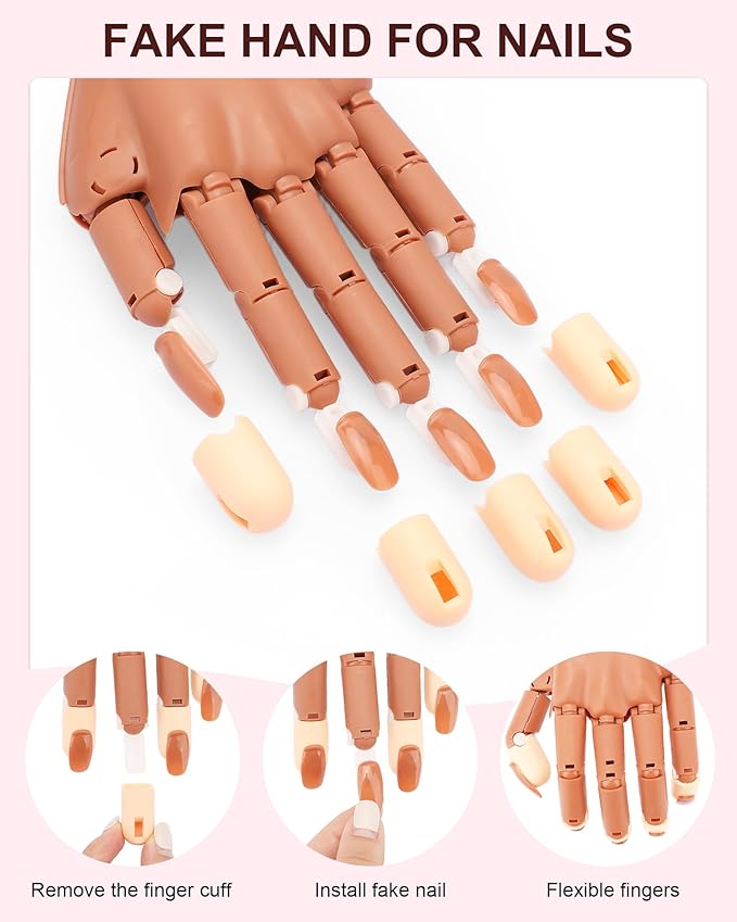 Practice Hand for Acrylic Nails, Flexible Nail Practice Hands Magnetic Fake Hands for Nails Practice, Movable Nail Mannequin Hand with 200PCS Nail Tips for Beginners