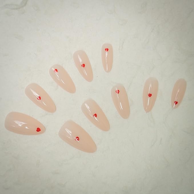 30Pcs Almond Press On Nails - Supremely Fit & Natural Soft Gel Almond Nails,15 Sizes, Reusable Fake Nails Kit with Gift Box for Women (Pink Heart)