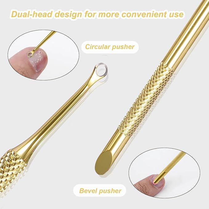 JERCLITY 2 Pieces Gold Double-Ended Stainless Steel Cuticle Pusher Cuticle Remover With 150 Grit Sandpaper Sheets Nail Prep Tools Russian Manicure Kit Nail Cuticle Pusher for Women