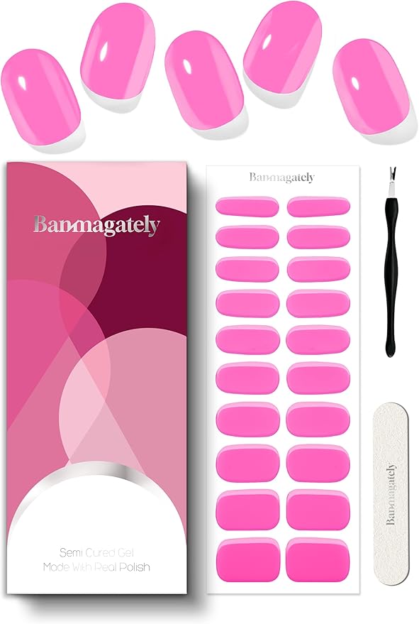 Semi Cured Gel Nail Strips, 20Pcs Long Lasting Salon Quality Wraps, Easy Apply & Remove Gel Nail Stickers with UV Light (Pink Riot)