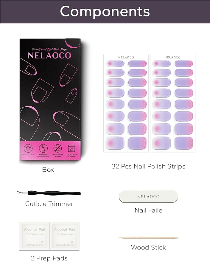 Nail Polish Strips – 32PCS UV Free Salon Quality Wraps, Long Lasting Gel Nail Stickers for Women (Lilac Blooming Purple)