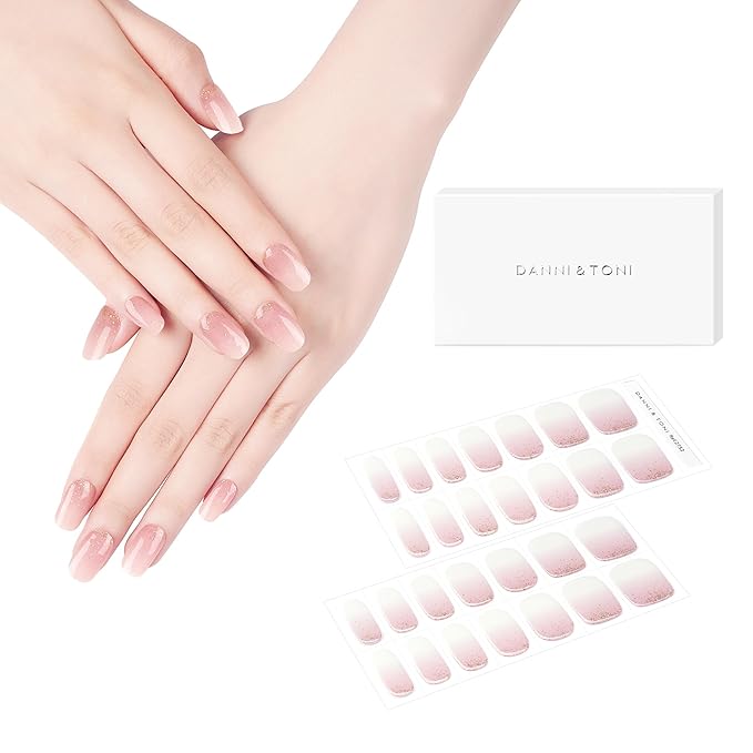 DANNI & TONI Semi Cured Gel Nail Strips Pink White Ombre Gold Glitter Gel Nail Wraps 28 Stickers | Pale Glint