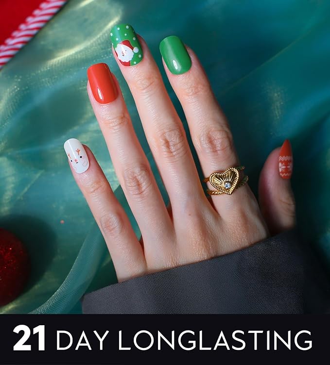 Semi Cured Gel Nail Strips - UV Light Gel Nail Stickers - 20 Long Lasting Salon Quality Wraps (Blissful Christmas Fawn Red&Green)