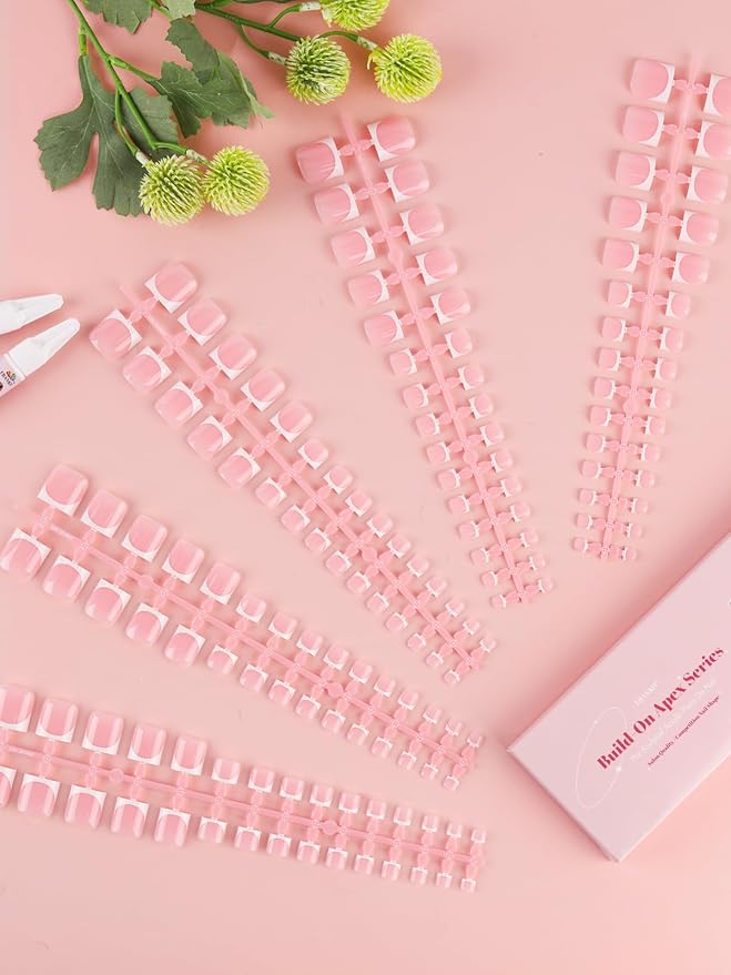EBANKU Press On Toenails Pink French Tips, 150 Pcs Square Short Toe Nail Tips Toe Press On Nail Fake Toenail Full Cover Artificial False Nail Tips with Glue for Women Professional Home Salon DIY