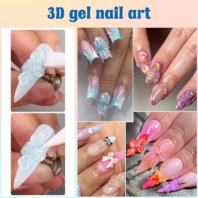 Solid Builder Gel Kit, 6 Colors Non Sticky Hand Hard Gels for Nails Iridescent Pink Clear 3D Sculpting Gel with Silicone Carving Pen Flowers Mold Pearly Polish Manicure Salon Supplies