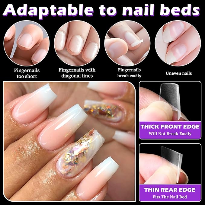 LoveOurHome 750pc French Coffin Nail Tips Clear Fake Nails Medium Coffin Gel Nail Tips Half Cover Acrylic Nails Clear False Nails 15 Sizes Fingernail for Gel Nail Tip Extension Press Nails