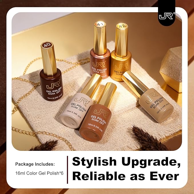 JR Light Brown Gel Nail Polish Set, 16ml Full Size Bottle 6 Colors Brown 9D Cateye Glitter Nail Gel Polish Gift Soak Off Led Nail Art Kit Salon DIY Colorful Bottle G