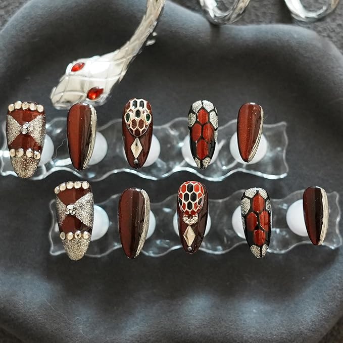 Dark Red Press on Nails Luxury Medium Almond, Handmade Fake Nails 3D Design with Snake Charm Rhinestones Glossy Full Cover Thick Acrylic Nails for Valentine's Day(Red Flame,M)