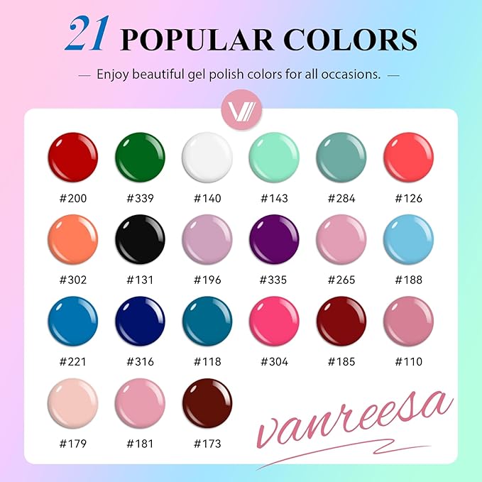 VANREESA 24 Pcs Gel Nail Polish Set, 21 Colors Gel Polish with Base Coat Glossy & Matte Top Coat Nude Pink Red Orange Green Blue Purple Gel Polish Kit Nail Kit Gifts for Women