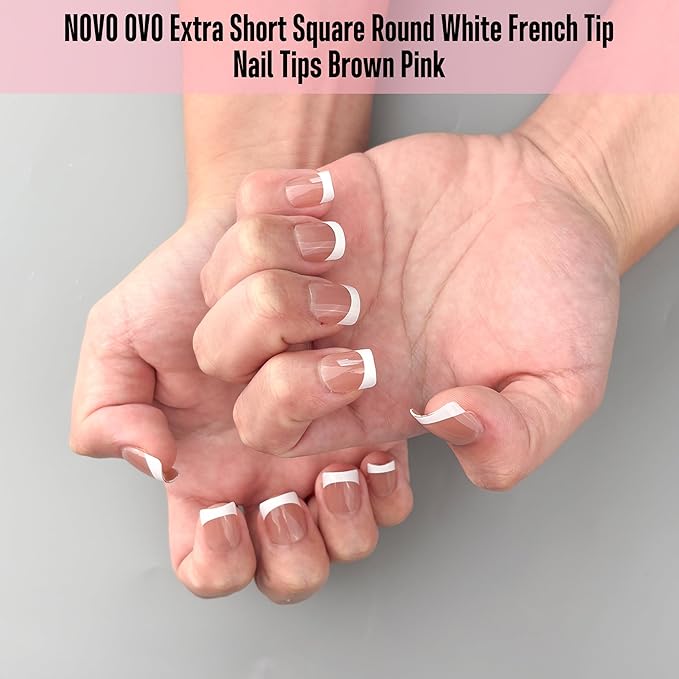 NOVO OVO Extra Short White French Tip Nail Tips, XS XXS Square Round BROWN PINK, for Wide & Short Nail Beds, Thick Full Cover Press on for Women Men, Soft Gel Acrylic Extension kit, 16 Sizes x 224pcs