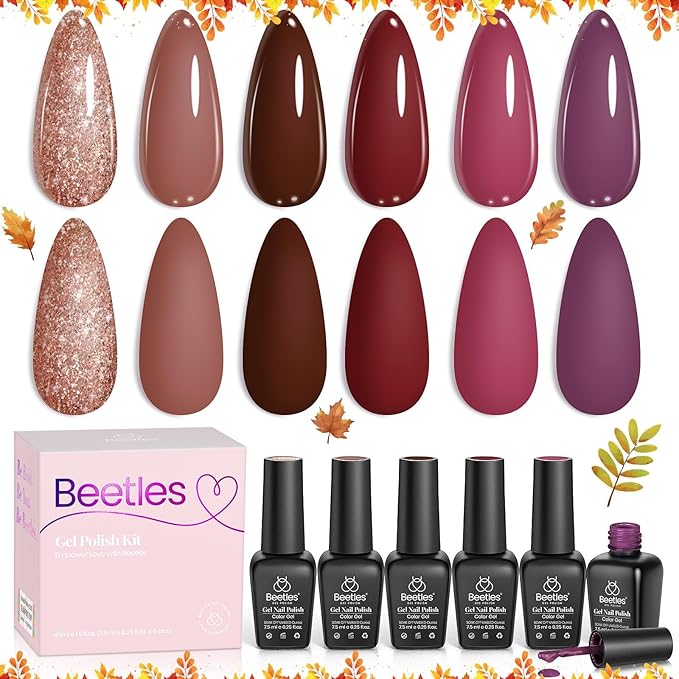 Beetles Gel Nail Polish Set Plum Burgundy Red Brown Glitter 6Pcs Gel Polish Kit Soak Off UV LED Nail Lamp Art Manicure Salon DIY Home Gifts for Women Silent Flower