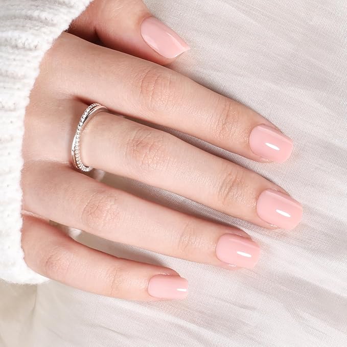 Press on Nails Short - Square Nails Press ons for Women, Reusable Glossy Nude Pink Glue On Nails 30 Pcs 15 Sizes Fake Nails Kit with Glue, Soft Blush
