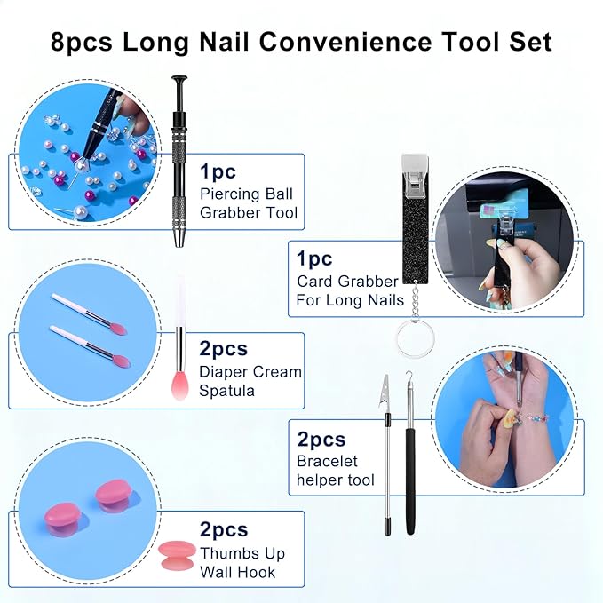 Life Helper Kit for Long Nails-Piercing Ball Grabber Tool,Bracelet Assistant,Card Grabber,Cream Spatula&Cable Clips|Nail Friendly Convenience Gadgets Set (6PCS)