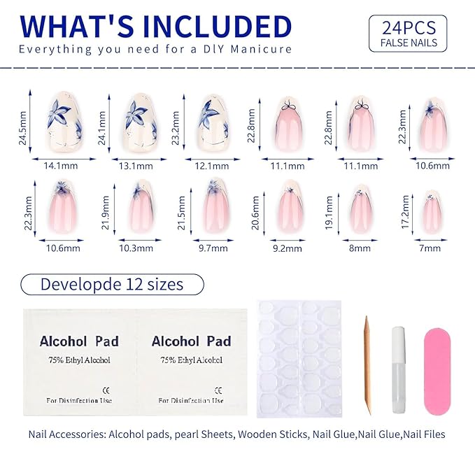 French Press On Nails Short Almond, Nude Base with Beige French Tips and Blue Floral Petal Design Glossy Gel Finish 24pcs Reusable Acrylic Fake Nails Kit for Women Natural Look Glue-On Nail Set