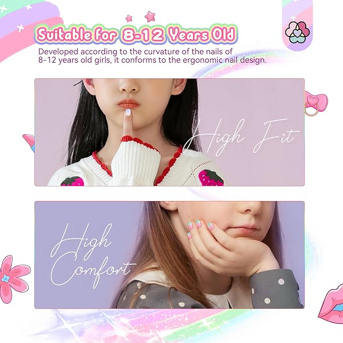 SAVILAND 168Pcs 7 Pack Press on Nails for Kids Children Fake Nails Stick on Nails Pre-glue Full Cover Glitter Gradient Color Star Short Acrylic Nail Tips Nail Art Christmas Easter Gifts for 8-12 Year