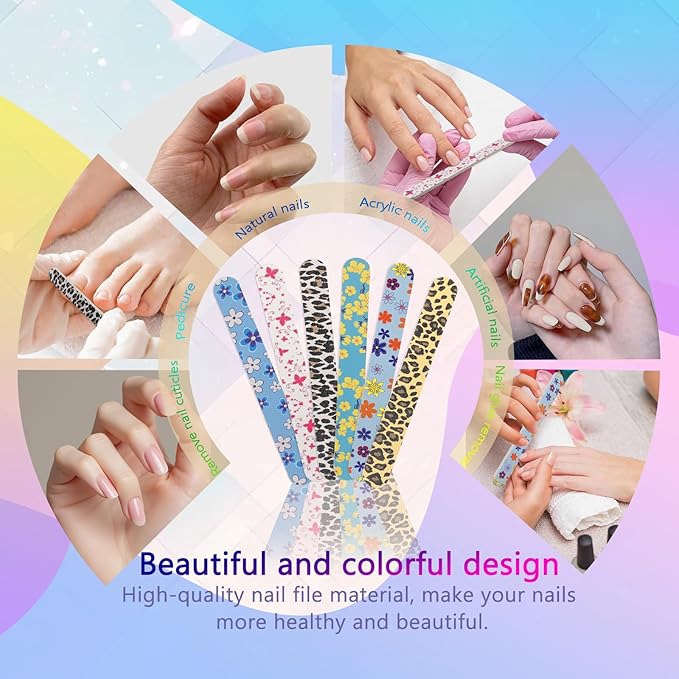 24PCS Professional Double-Sided 100/180 Grit Nail Files Colorful Manicure Pedicure Tools