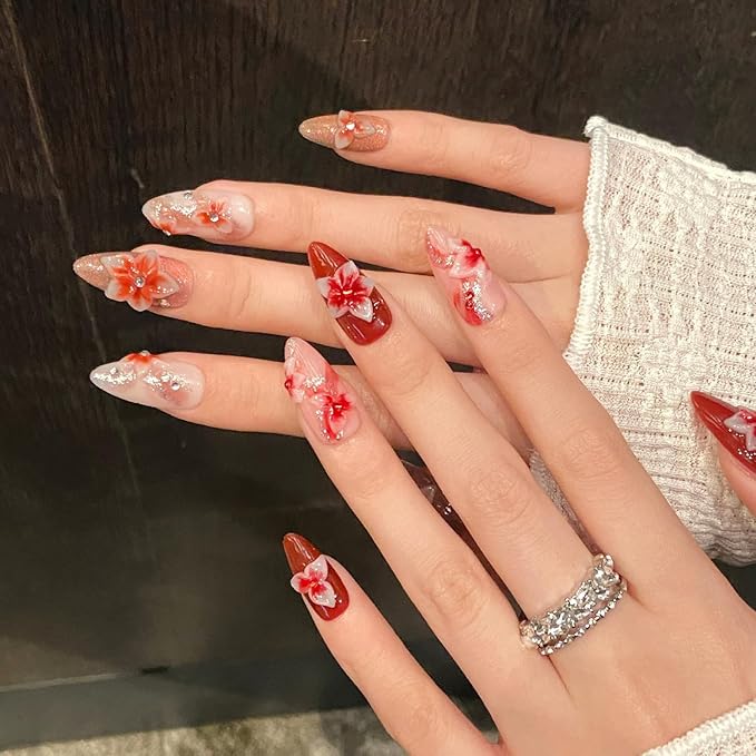 Flower Press on Nails Medium Almond Glitter Fake Nails 3D Luxury Floral Rhinestones Embossed Designs Handmade Press on Nails Muti-Layer Gel Thick False Nails Red Gradient Acrylic Nails (Size M)