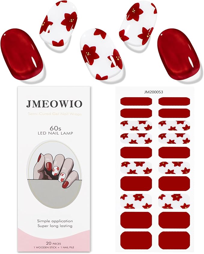 JMEOWIO Gel Nail Stickers Red Flower Semi Cured Gel Nail Strips Wraps UV/LED Nails Art Design Decoration Accessories