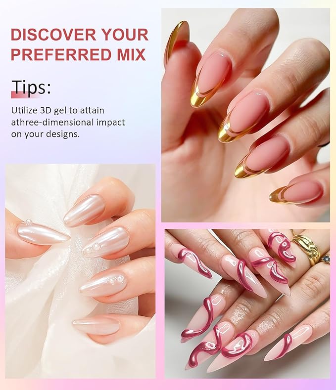 Chrome Nail Powder and 3D Nail Gel Kit BISHENGYF: 15g No Wipe 3D Sculpting Gel Aurora Pink White Pearl Gold Chrome Nail Powder with Clear 3D Carving Nail Molding Glue Set for Nail Art Decoration