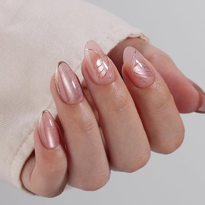 VSALON Press On Nails Short Almond - Pink Cat Eye Semi-Transparent Metallic Butterfly Design Fake Nails, Reusable Soft Gel Glue on Nails with Glue & Cuticle Oil - Valentines Gifts for Women