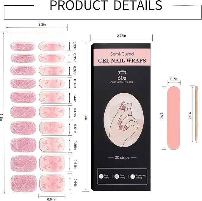 WOKOTO 1 Sheets Butterfly & Cat Eye Design Semi Cured Gel Nail Strips With Nail File & Wooden Stick For Women, 20 Tips Semi Cured Gel Nails Polish Stickers Strips UV Full Nail Wraps Stick On Nails