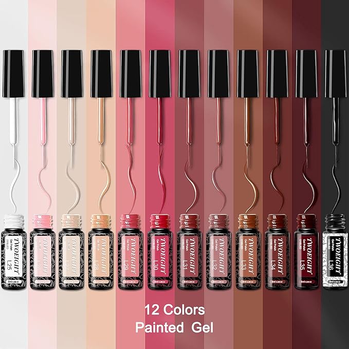 TWOEIGHT Gel Nail Polish Liner Nail Art 12 Colors 8ml UV Lamp Soak-off Polishes Pigmented Autumn Winter Brown Wine Red Collection Thin Brush in Bottle Manicure DIY at Home Salon