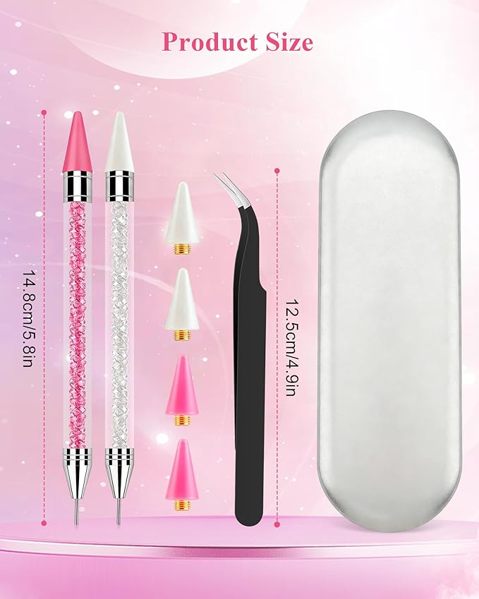 Difenni Rhinestone Picker Tool, Wax Pencil for Rhinestones Tool, Dual-Ended DIY Nail Bedazzling Tools with 2 Extra White and 2 Extra Pink Replaceable Wax Head and 1 Tweezer(White and Pink)