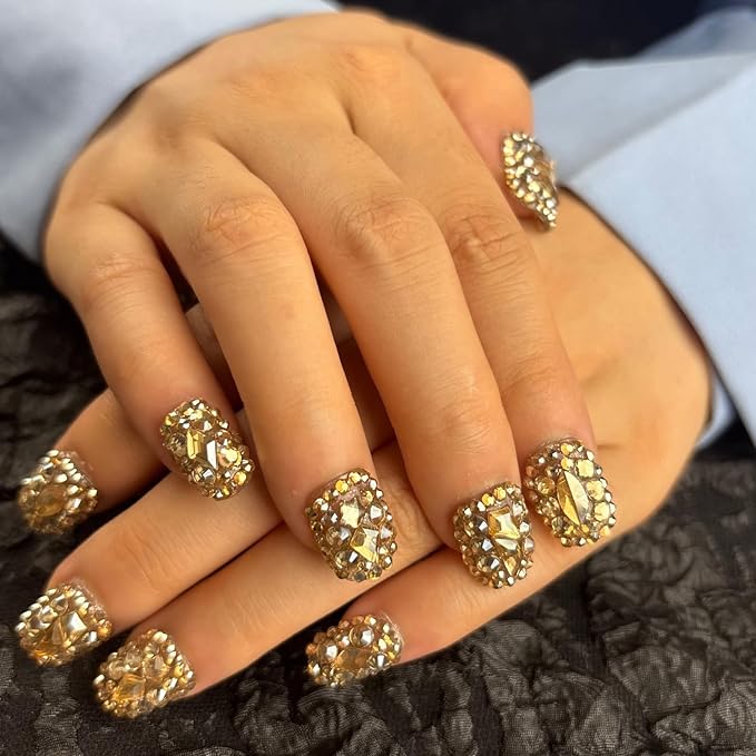 Trendy Handmade Press On Nails Short Square Shape,10Pcs Bling Bling Acrylic Fake Nails with 3D Rhinestone Luxury Design Stick On Nail for Woman Gift(AKA 016, Medium)