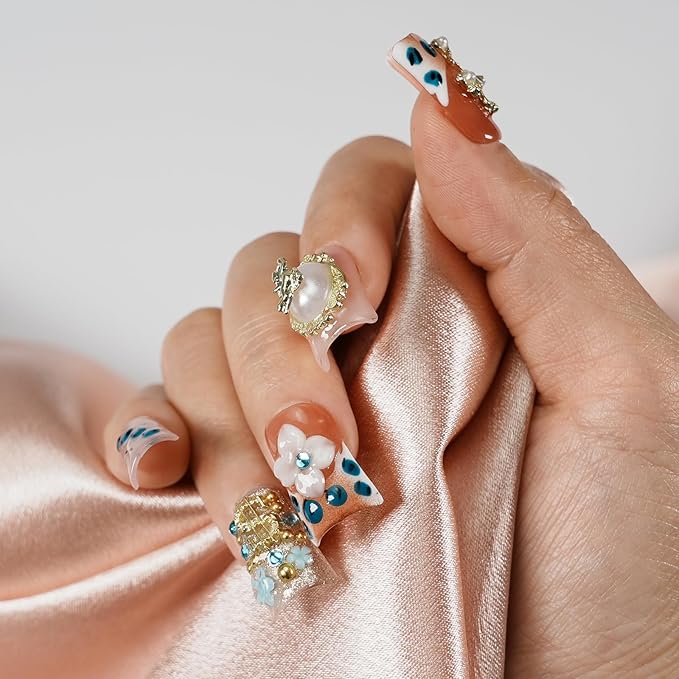 Handmade Duck Press on Nails, Luxury 3D Charms - Vintage Baroque Angel & Cross Design, Reusable Thick Acrylic for Nail Art (Angel's Realm, L)