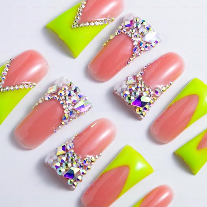 10 Pieces Luxury Acrylic Press On Nails Long Handmade Duck Nails, Green Thickened False French Nails, With Bling Rhinestones And Y2K Princess Vibes, Reusable Acrylic Nails (S)